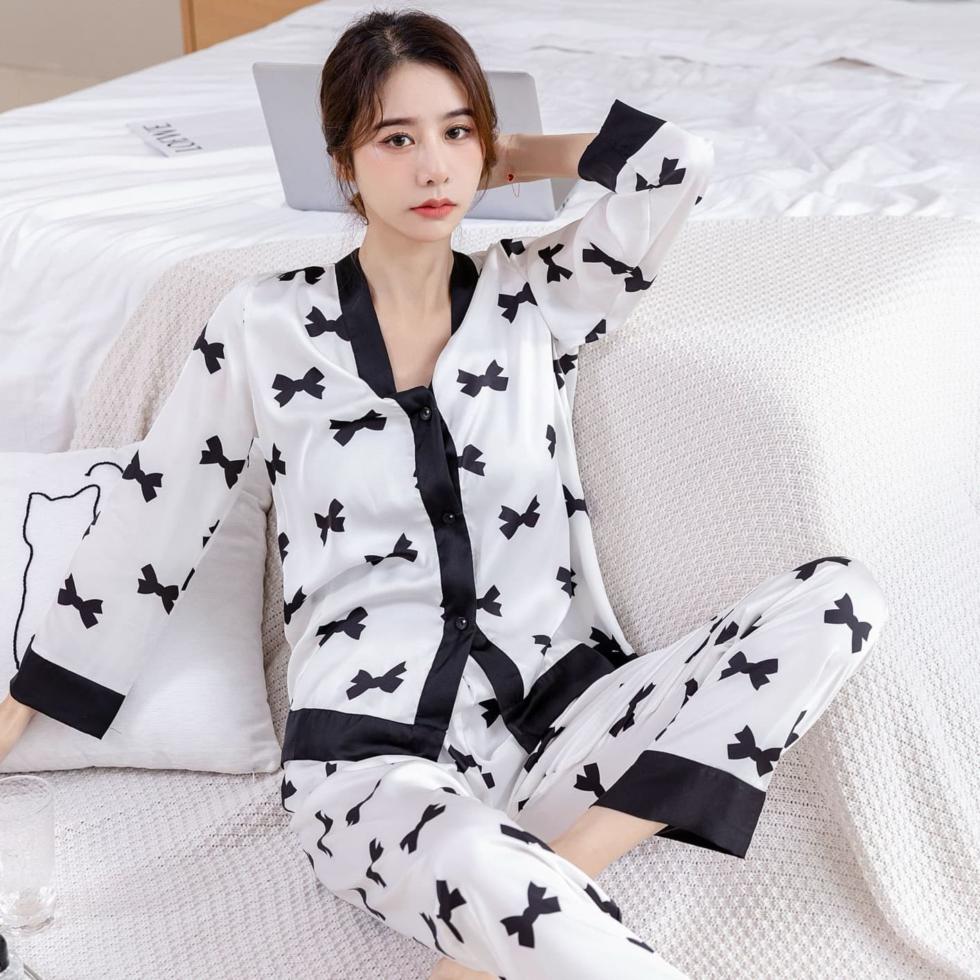 Printed Satin Button-Down Pajama Set – image 3