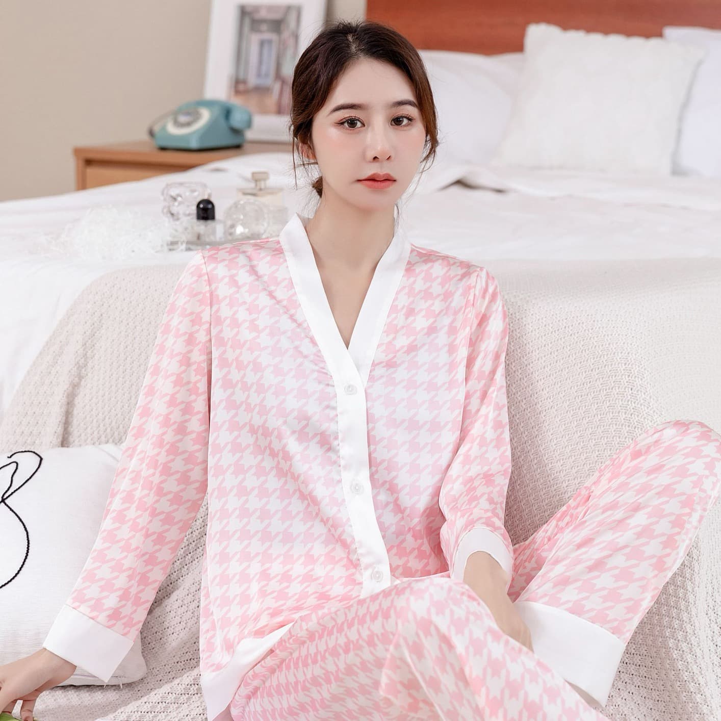 Printed Satin Button-Down Pajama Set – image 7