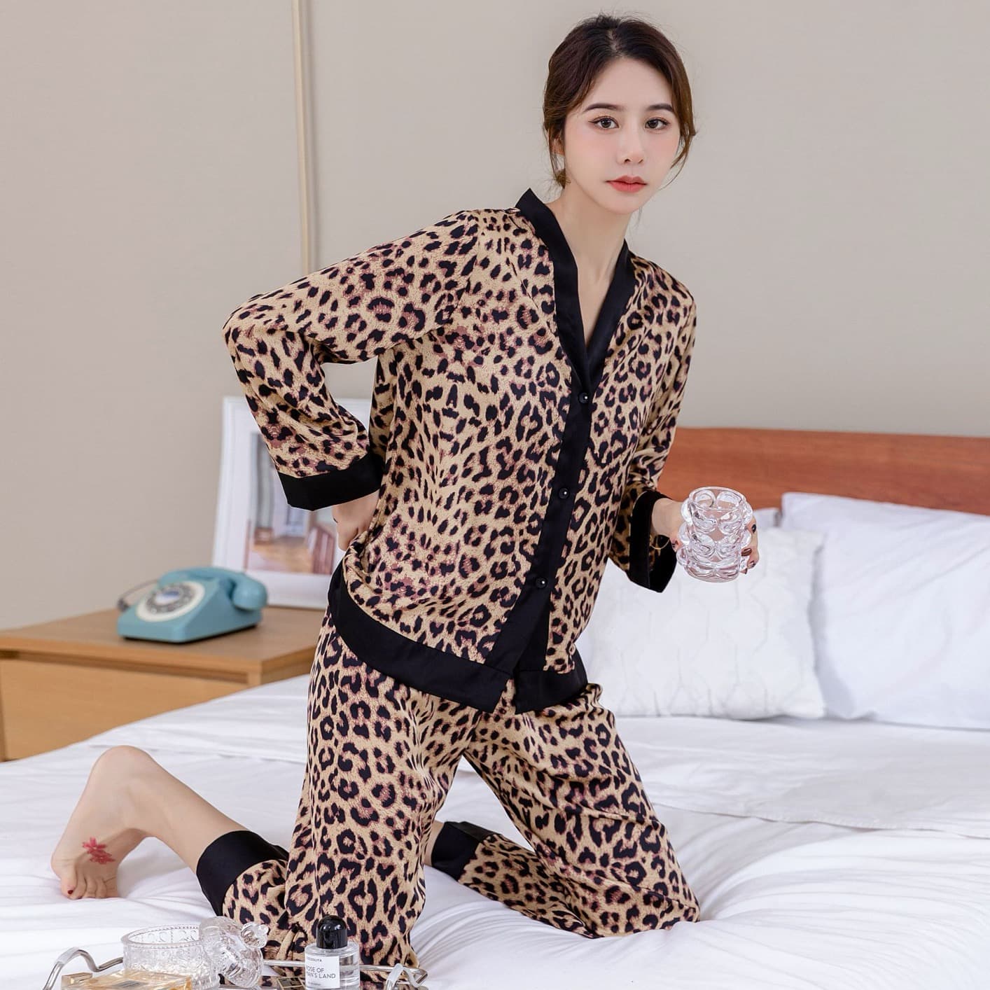 Printed Satin Button-Down Pajama Set – image 2