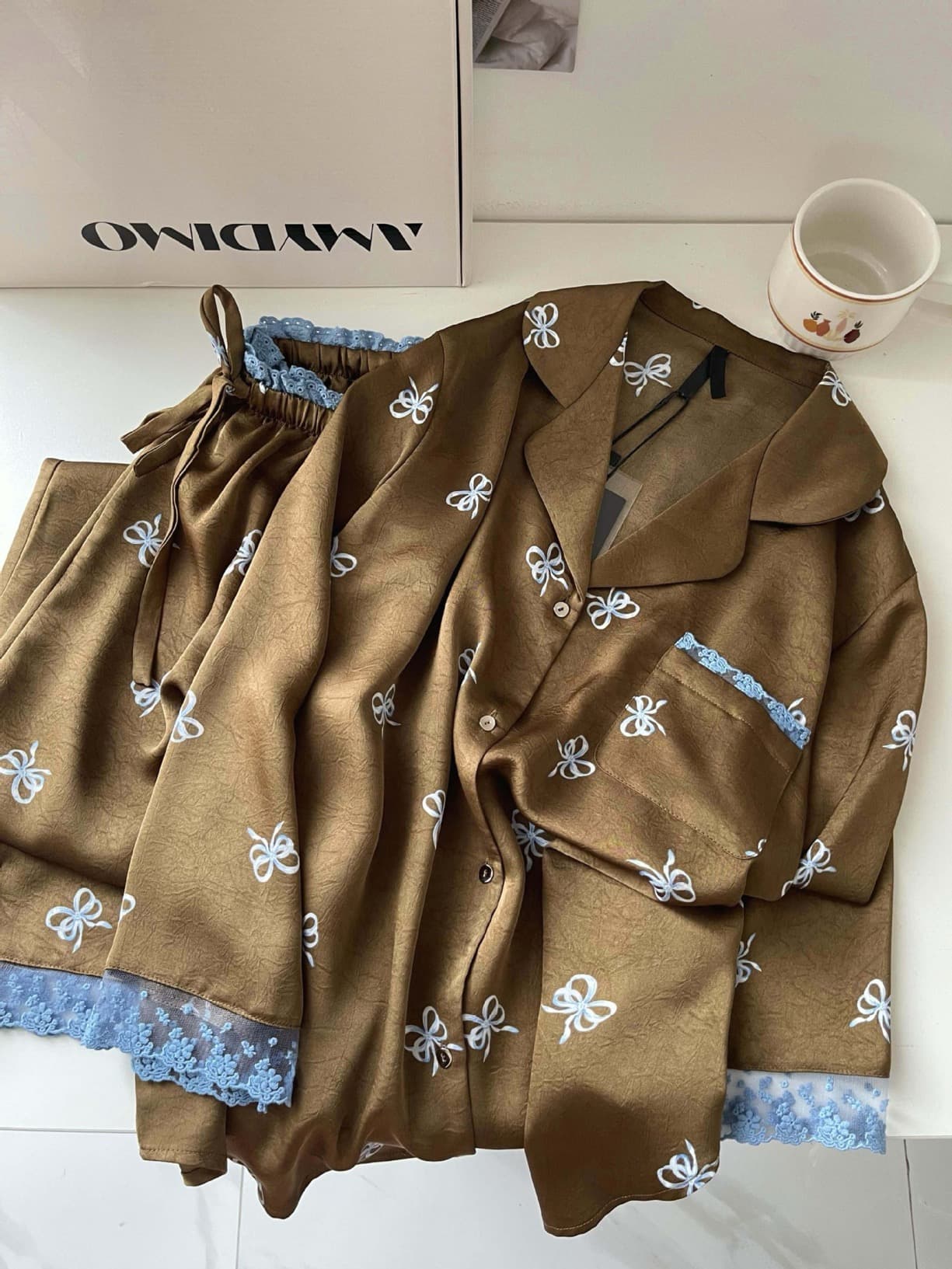 Bow Print Satin Pajama Set