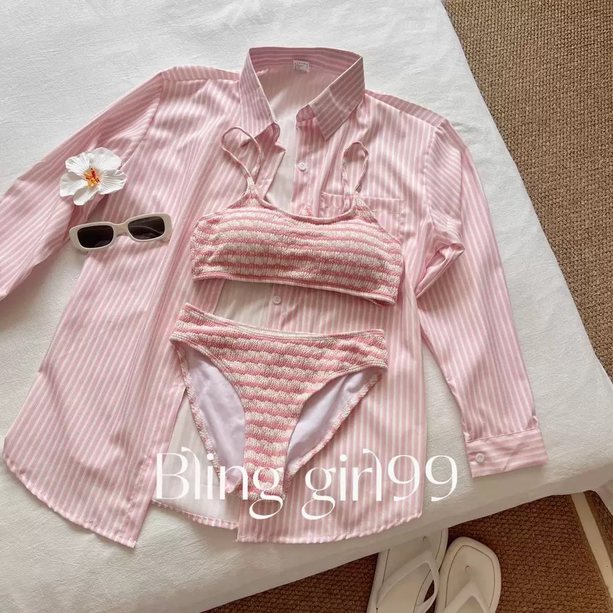 Striped Bikini and Shirt Set – image 2