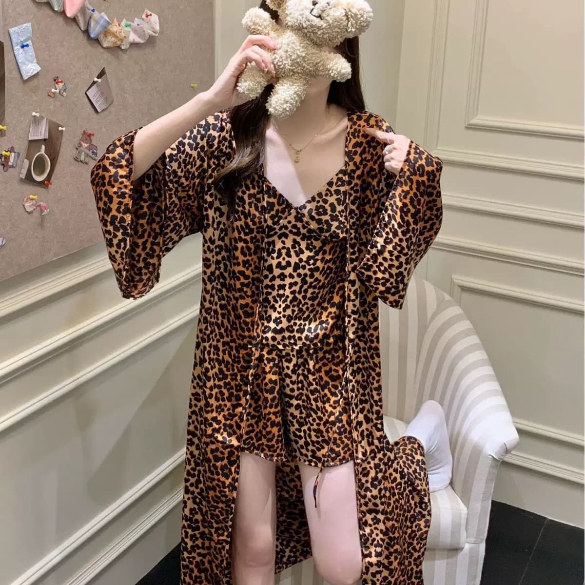 Leopard Print Satin Three Piece Set