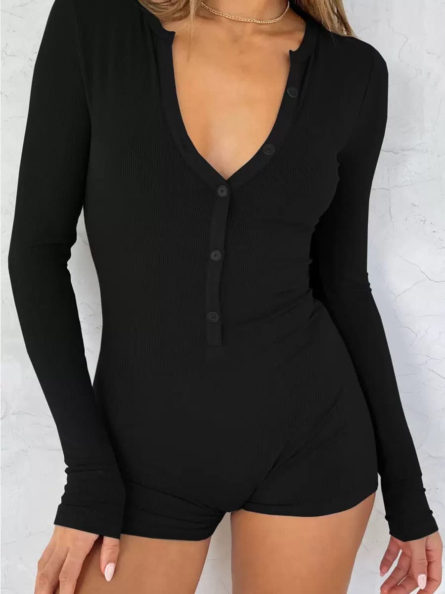 Ribbed Button-Down Long Sleeve Romper – image 4
