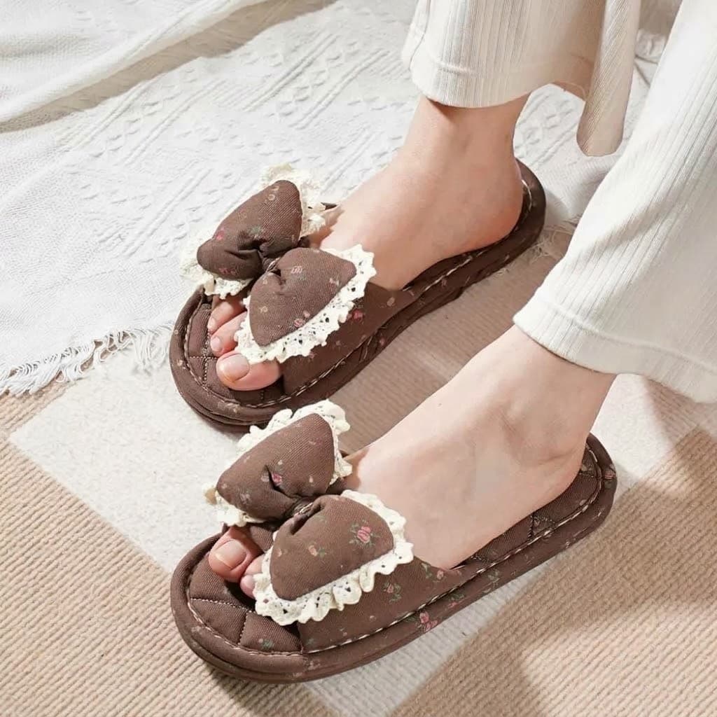 Floral Bow Quilted House Slippers