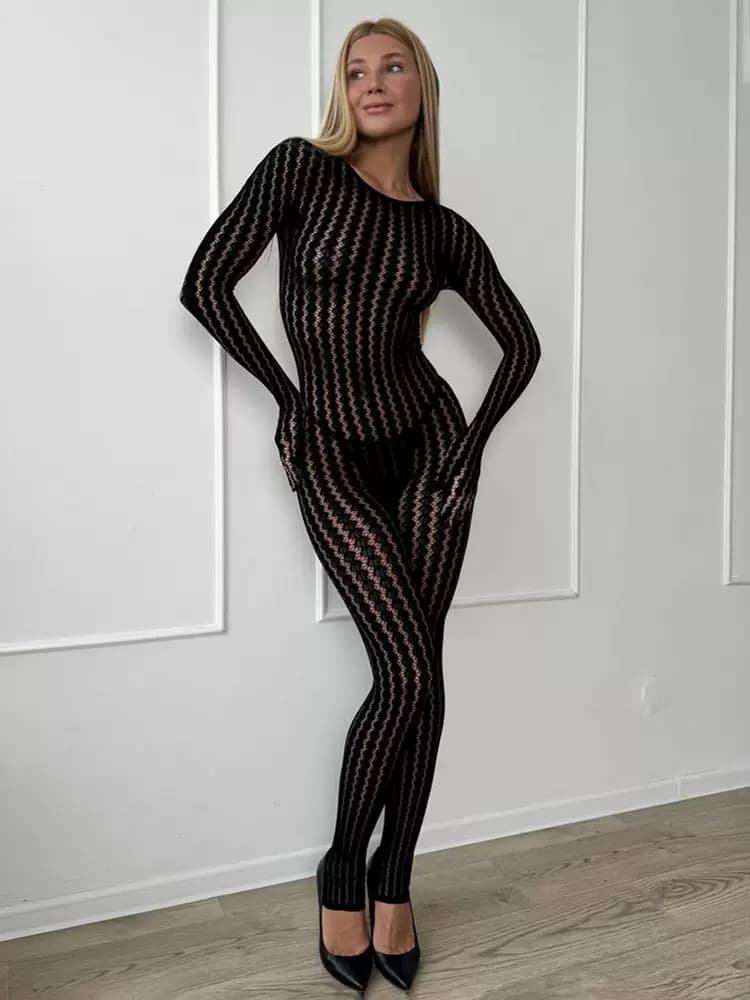 Sheer Textured Long Sleeve Jumpsuit – image 2