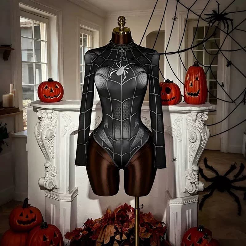 Spider Web Print Long Sleeve Bodysuit